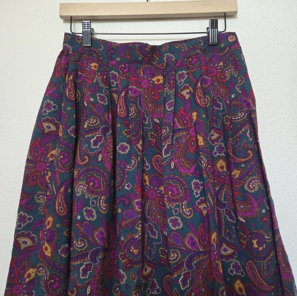Vintage 90s Richard Malcolm Wool Pleated Paisley Purple Long Skirt size 8 - Picture 4 of 12